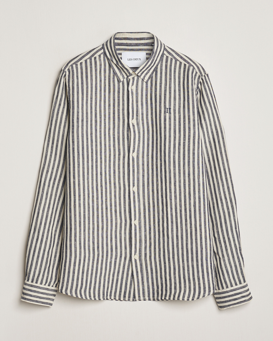 Herre |  | LES DEUX | Kristian Striped Linen Button Down Shirt Ivory/Navy