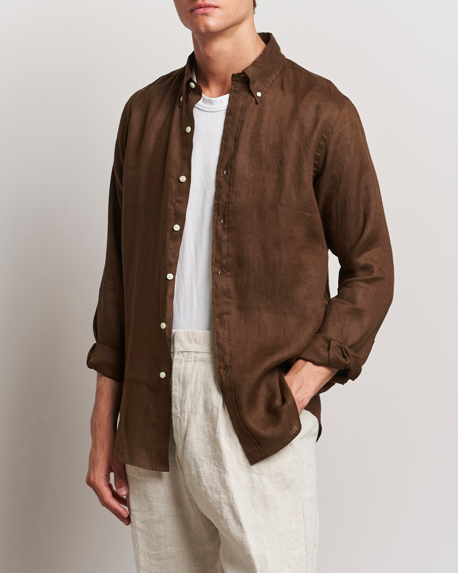 Herre |  | Polo Ralph Lauren | Custom Fit Linen Button Down Chocolate Mousse