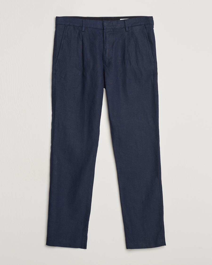 Herre |  | NN07 | Bill Pleated Linen Trousers Navy Blue