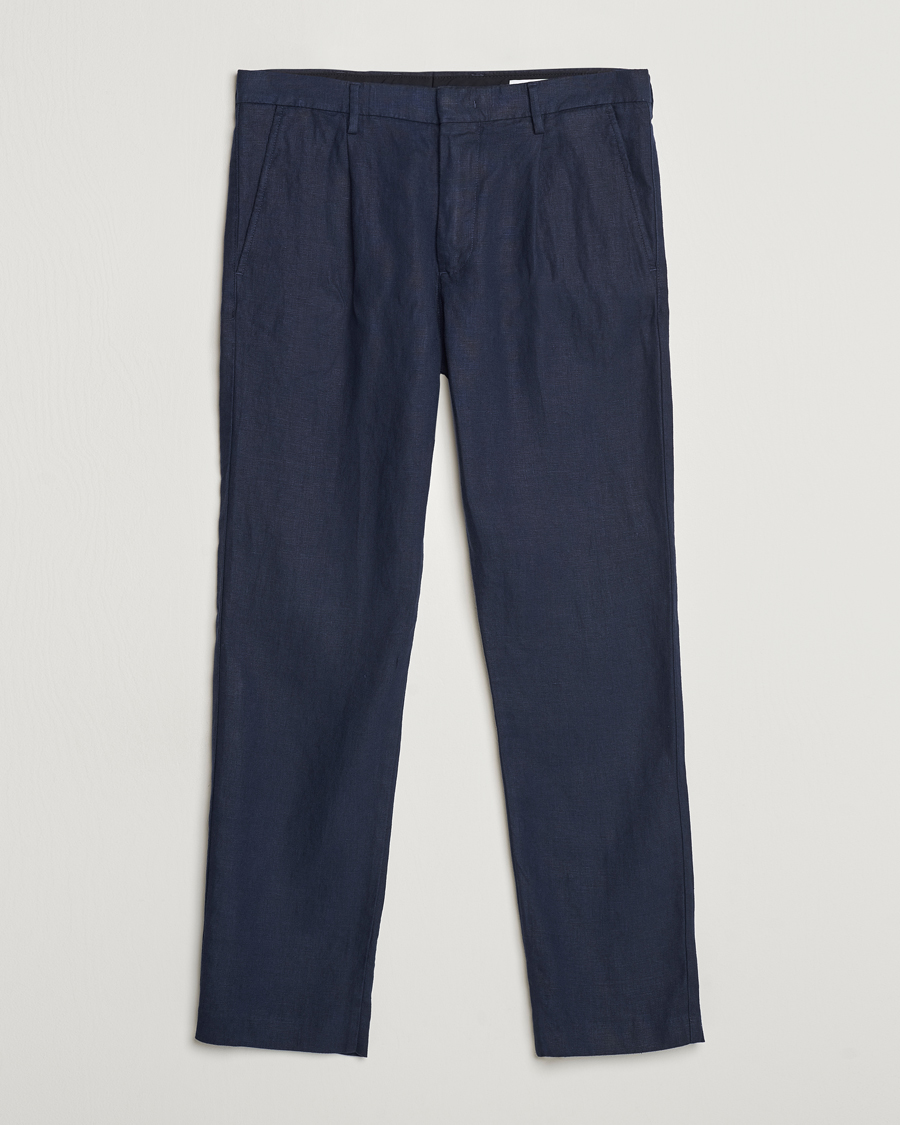 Herre | Bukser | NN07 | Bill Pleated Linen Trousers Navy Blue