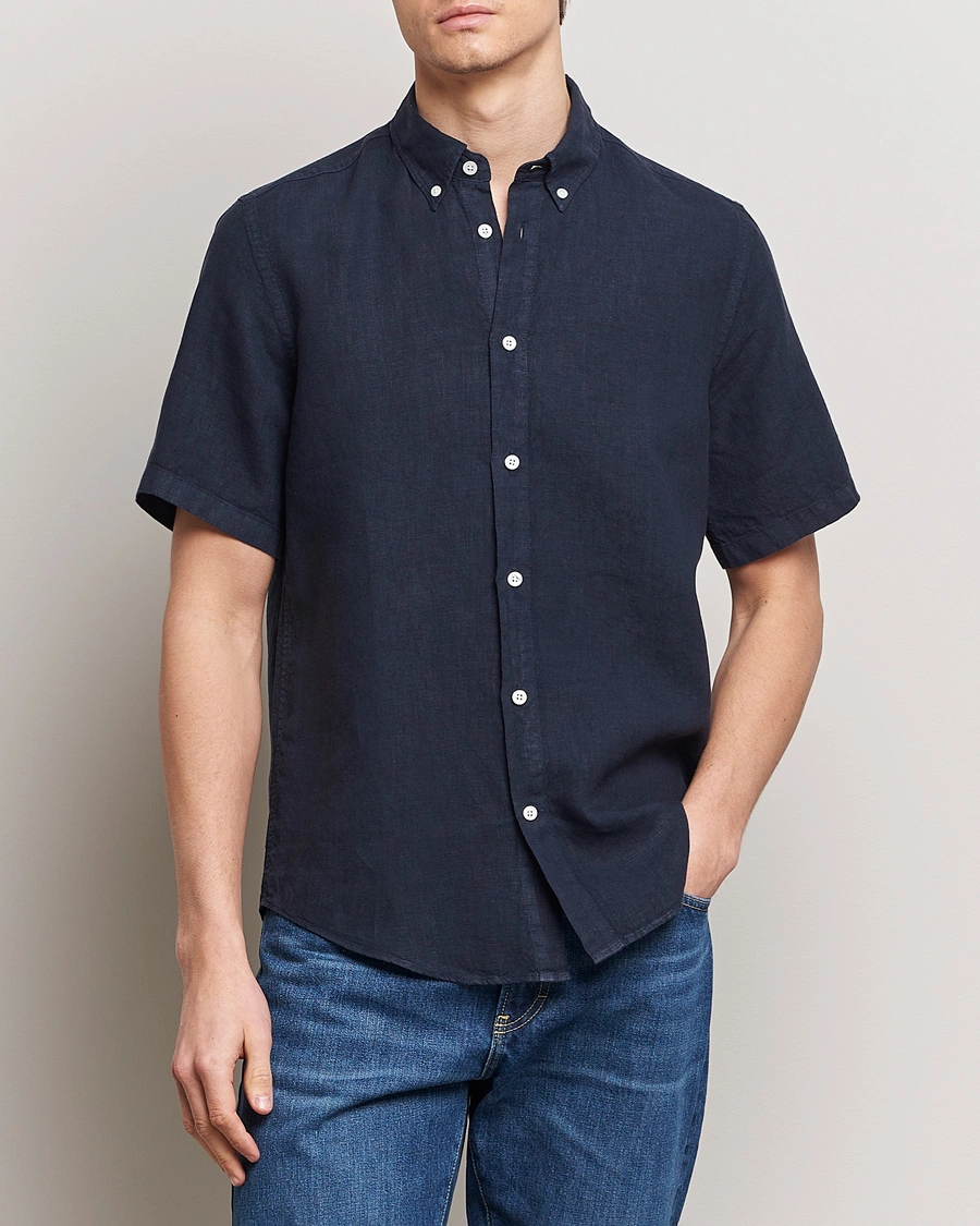 Herre | Tøj | NN07 | Arne Linen Short Sleeve Shirt Navy Blue