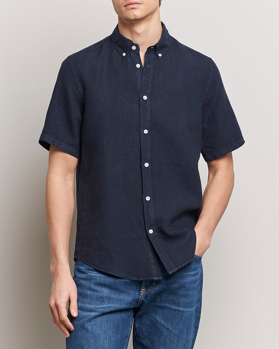 Herre | Nyheder | NN07 | Arne Linen Short Sleeve Shirt Navy Blue