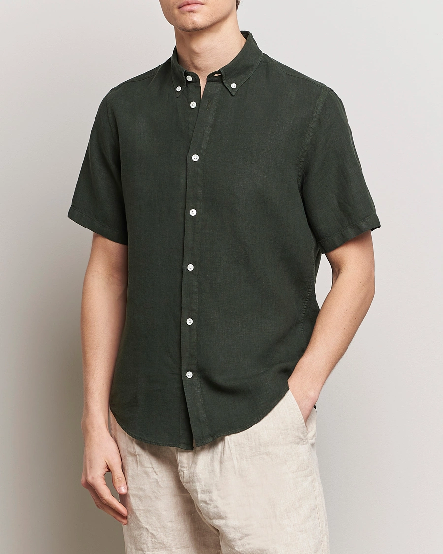 Herre | Tøj | NN07 | Arne Linen Short Sleeve Shirt Rosin Green