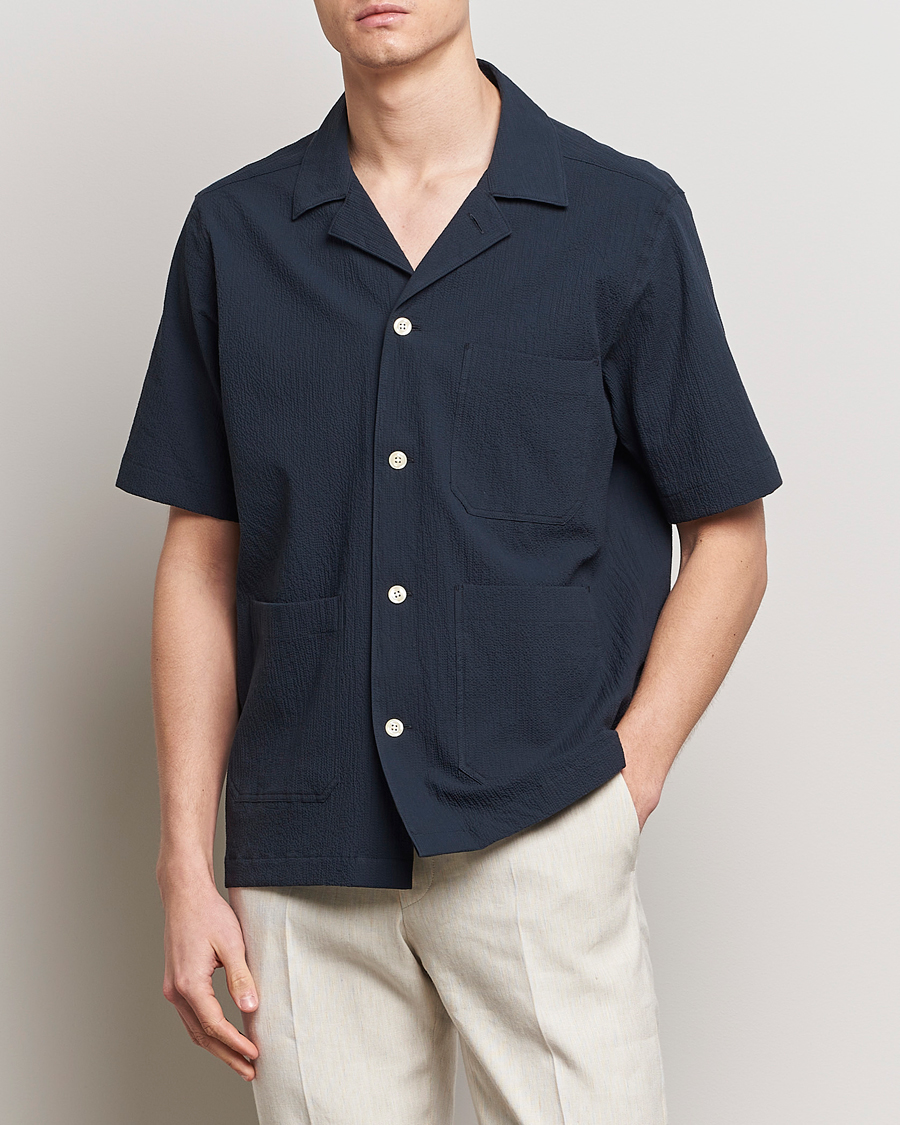 Herre | Kortærmede skjorter | Oscar Jacobson | Hanks Reg Seersucker Shirt Navy
