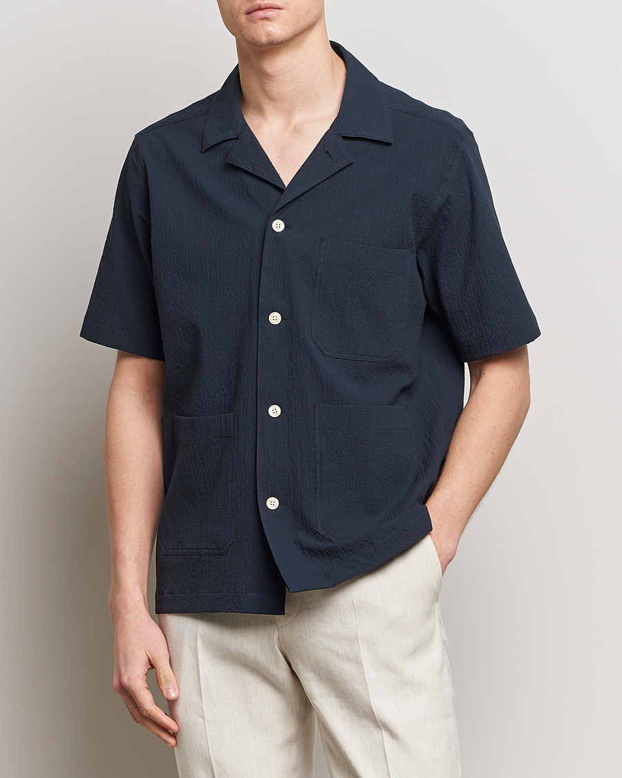 Herre | Afdelinger | Oscar Jacobson | Hanks Reg Seersucker Shirt Navy