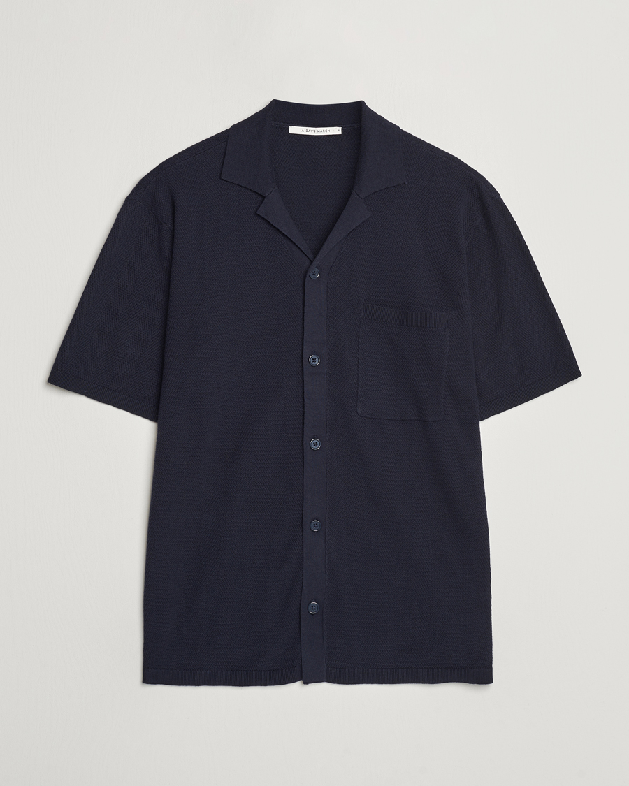Herre | Skjorter | A Day's March | Yamu Knitted Herringbone Shirt Navy