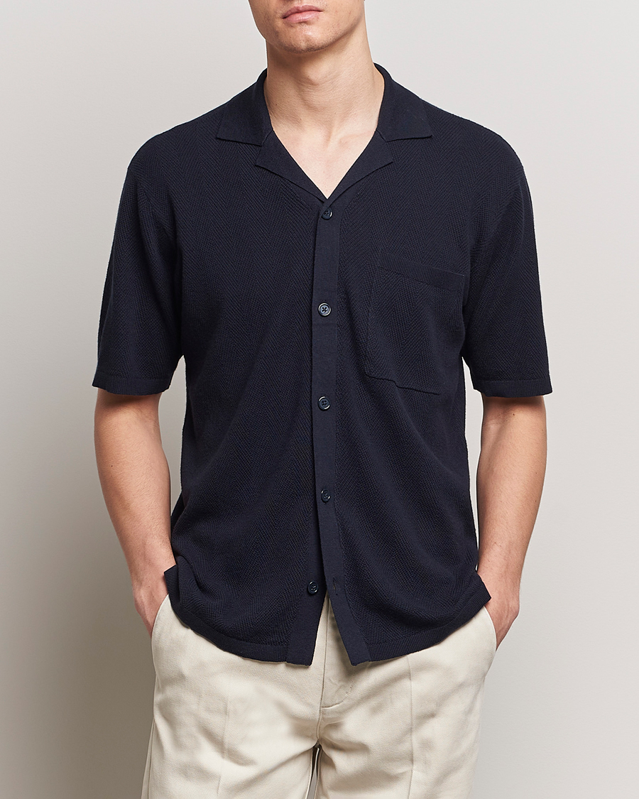 Herre |  | A Day\'s March | Yamu Knitted Herringbone Shirt Navy