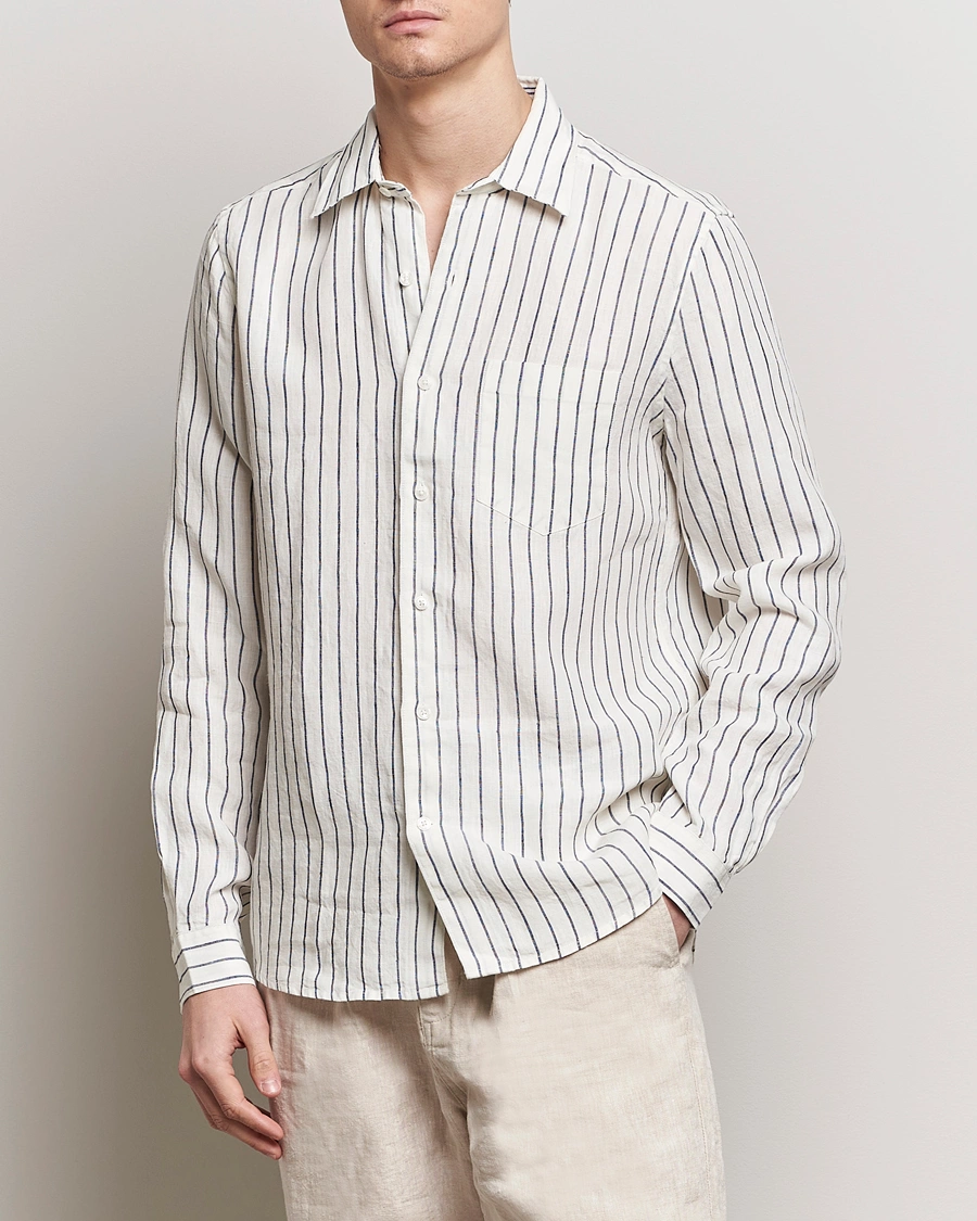Herre |  | A Day\'s March | Abu Striped Linen Shirt White/Navy
