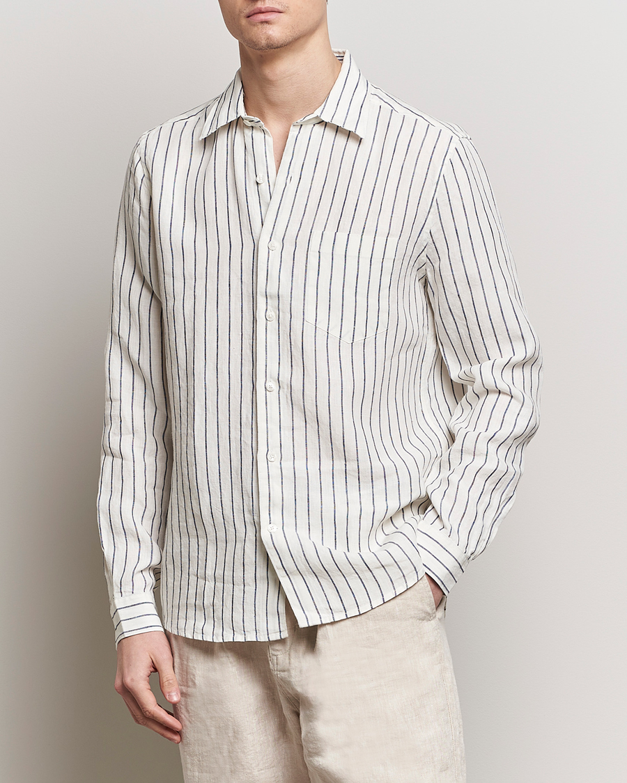 Herre | Tøj | A Day's March | Abu Striped Linen Shirt White/Navy