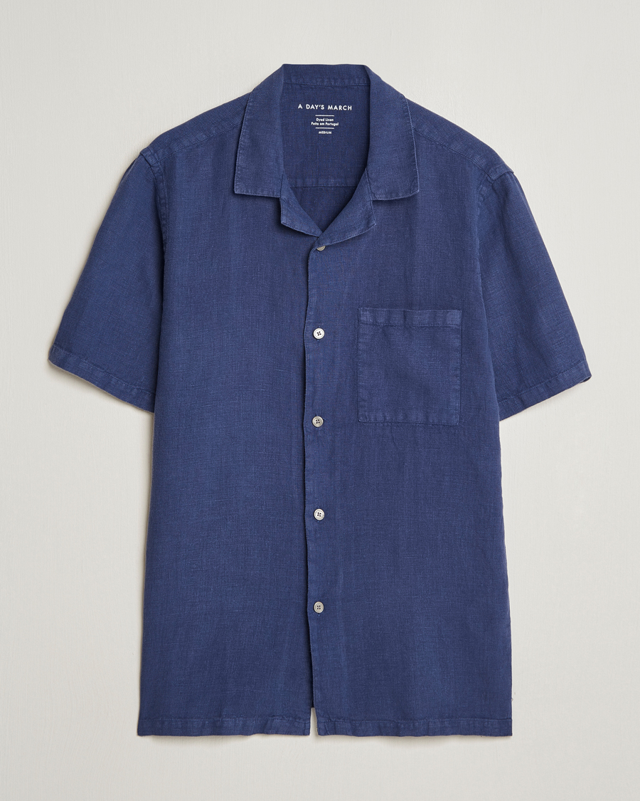 Herre | Skjorter | A Day's March | Yamu Short Sleeve Linen Shirt Brewers Blue