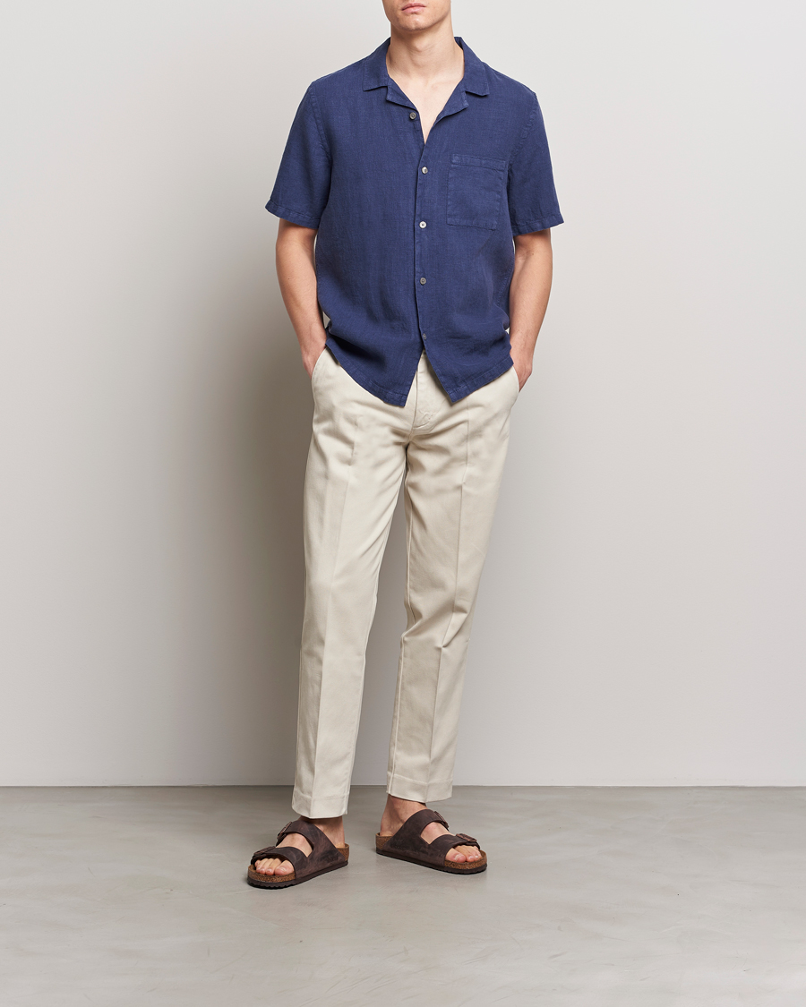 Herre | Skjorter | A Day's March | Yamu Short Sleeve Linen Shirt Brewers Blue