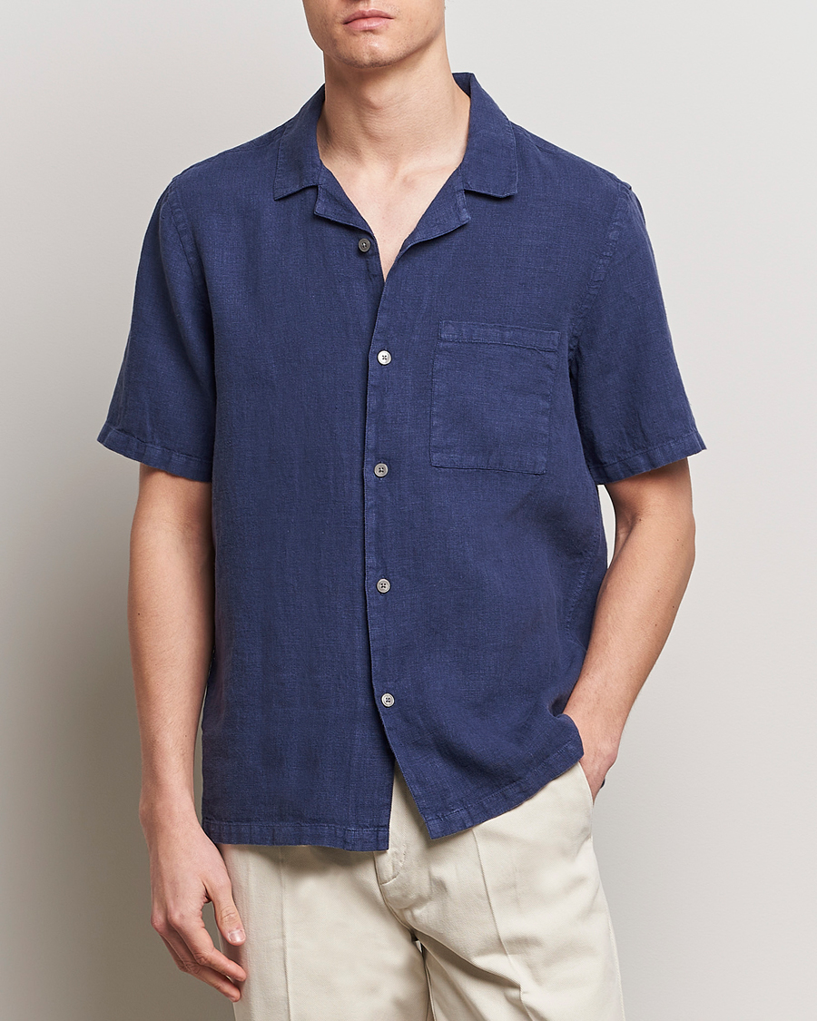 Herre | Nyheder | A Day\'s March | Yamu Short Sleeve Linen Shirt Brewers Blue