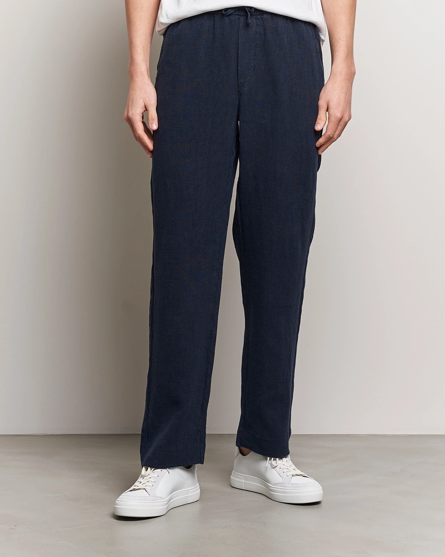 Herre | Hørbukser | A Day's March | Tamiat Drawstring Linen Trousers Navy