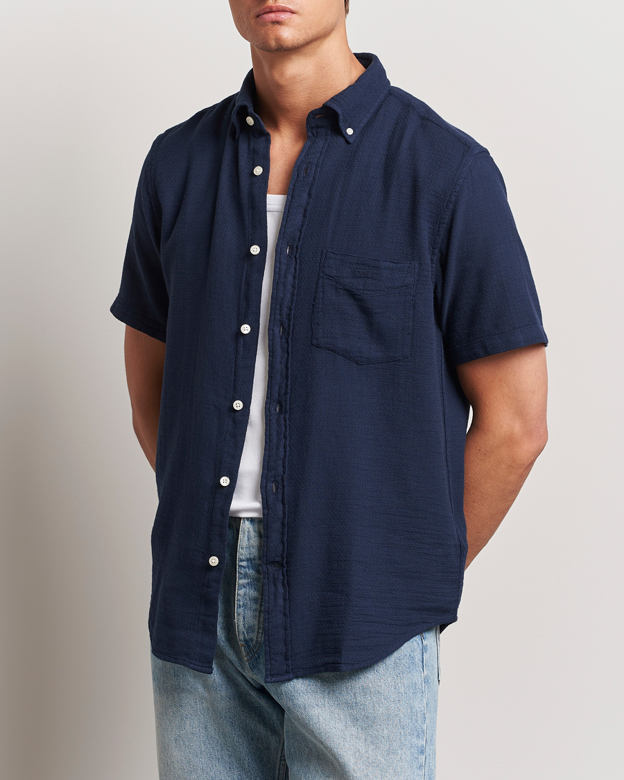 Herre | Skjorter | GANT | Cotton/Linen Texture Short Sleeve Shirt Evening Blue