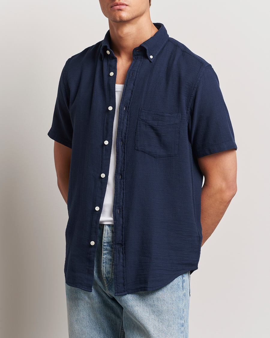 Herre | Skjorter | Gant | Cotton/Linen Texture Short Sleeve Shirt Evening Blue