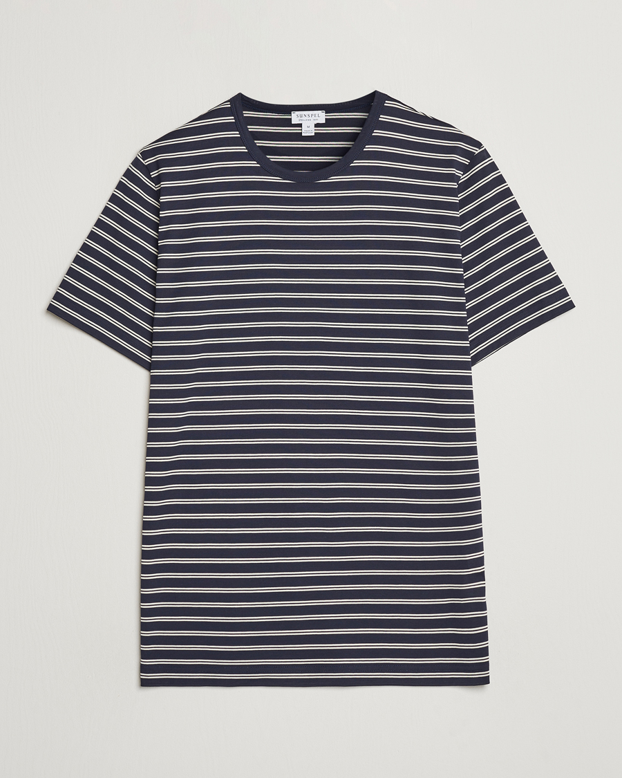 Herre | T-Shirts | Sunspel | Striped Crew Neck Cotton Tee Navy/Ecru