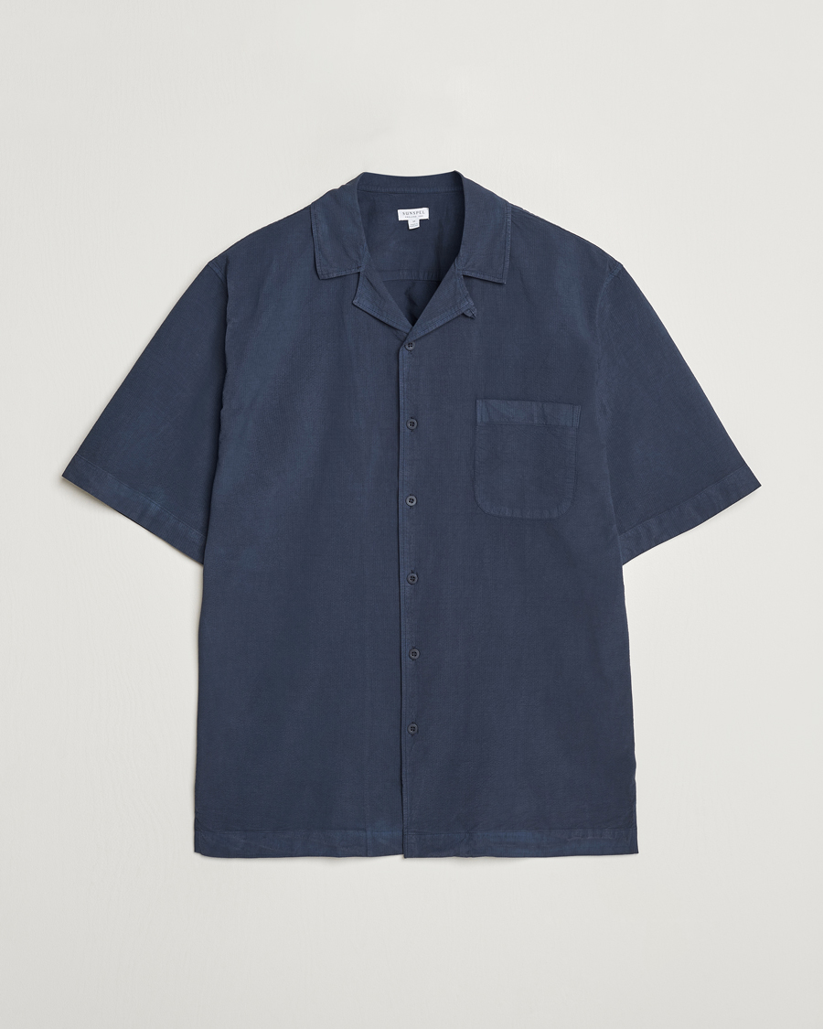 Herre | Skjorter | Sunspel | Lightweight Seersucker Shirt Navy