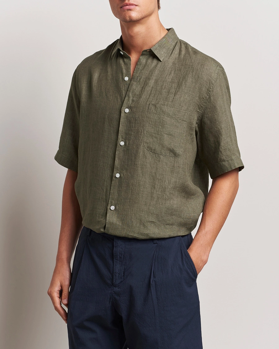 Herre |  | Sunspel | Short Sleeved Linen Shirt Khaki