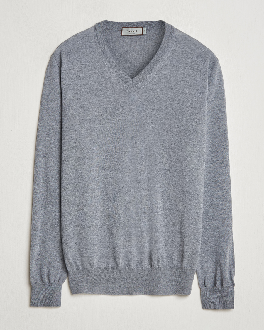 Herre | Trøjer | Canali | Merino Wool V-Neck Light Grey
