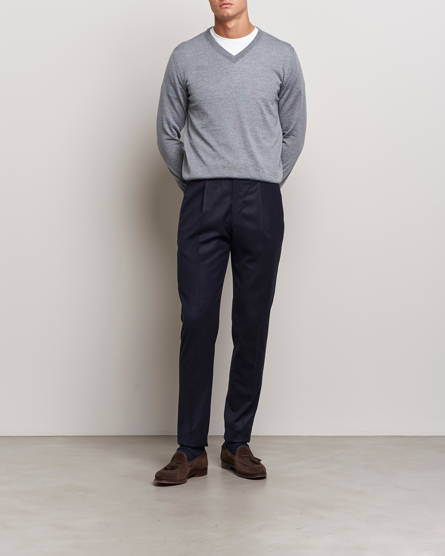 Herre | Trøjer | Canali | Merino Wool V-Neck Light Grey