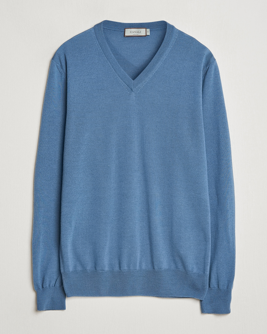 Herre | Trøjer | Canali | Merino Wool V-Neck Light Blue