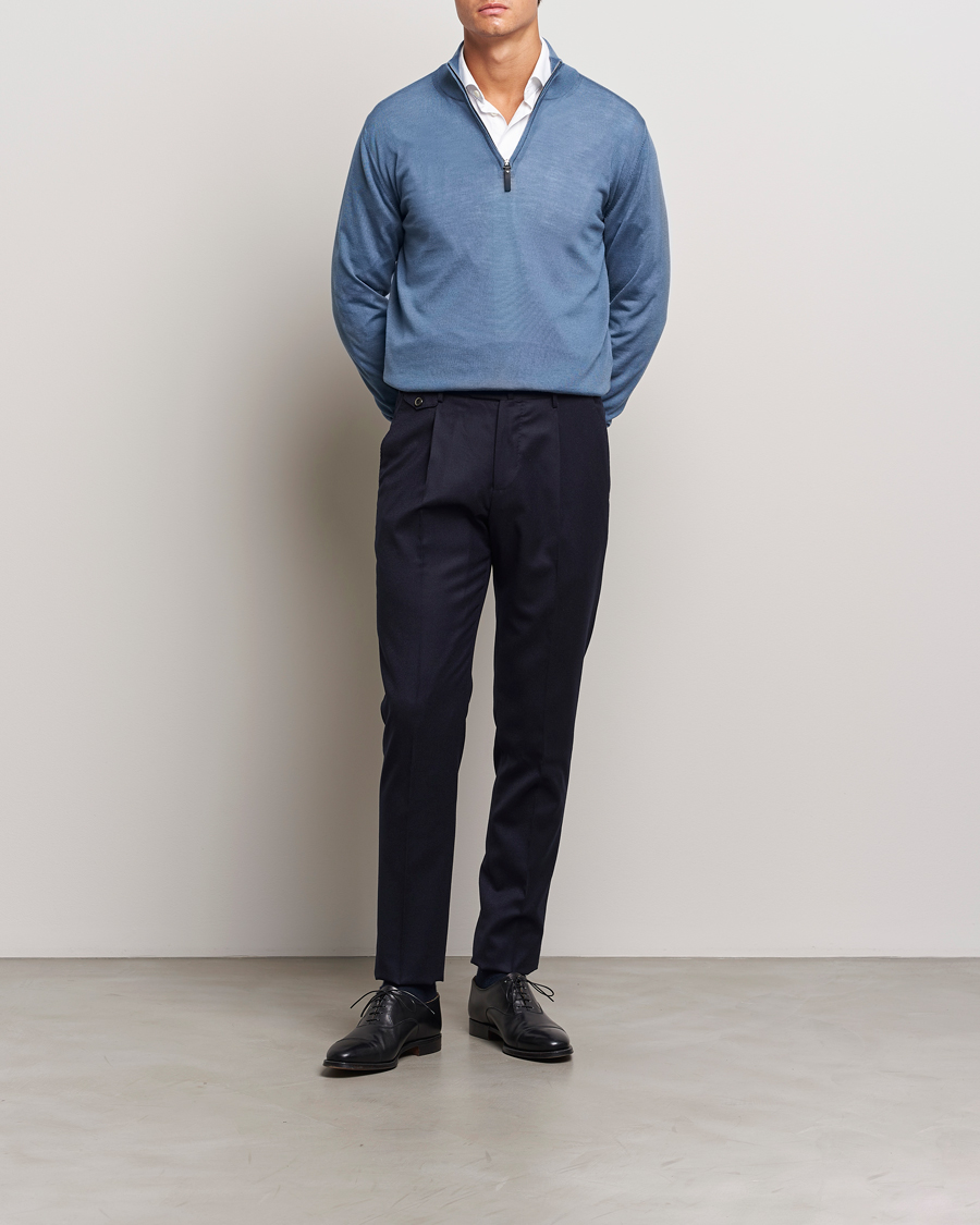 Herre | Trøjer | Canali | Merino Wool Half Zip Light Blue