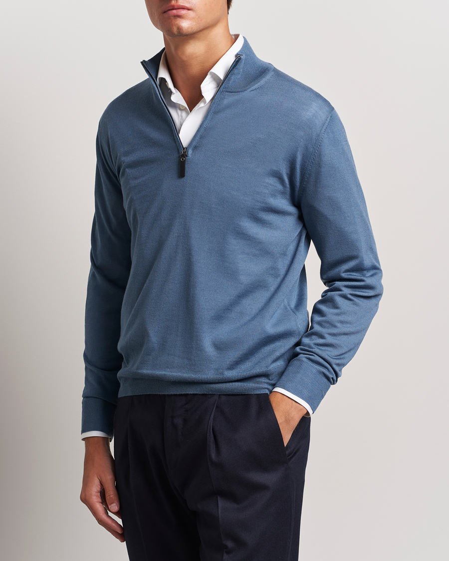 Herre | Trøjer | Canali | Merino Wool Half Zip Light Blue