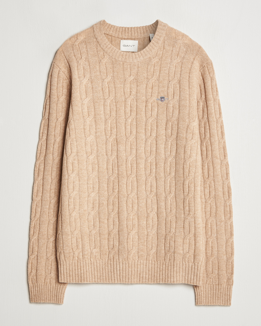 Herre | Trøjer | GANT | Lambswool Cable C-Neck Khaki Melange