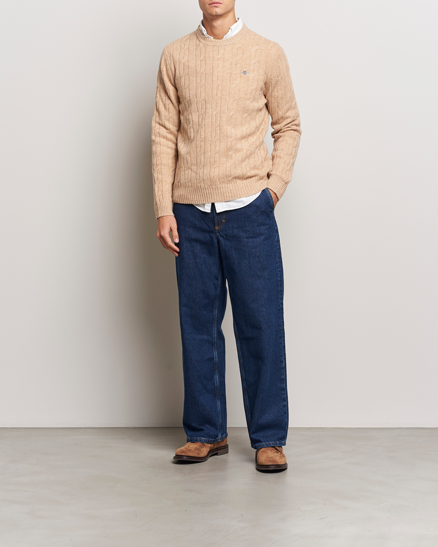 Herre | Trøjer | GANT | Lambswool Cable C-Neck Khaki Melange