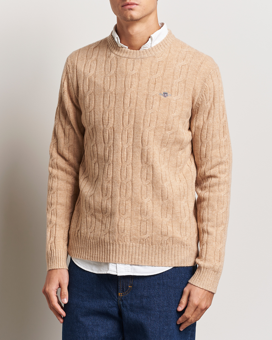 Herre | Trøjer | GANT | Lambswool Cable C-Neck Khaki Melange