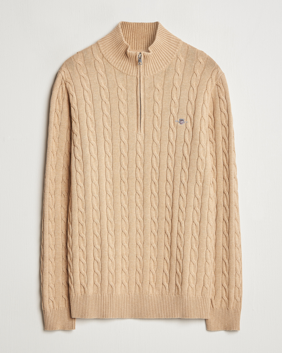 Herre | Trøjer | GANT | Cotton Cable Half Zip Khaki Melange