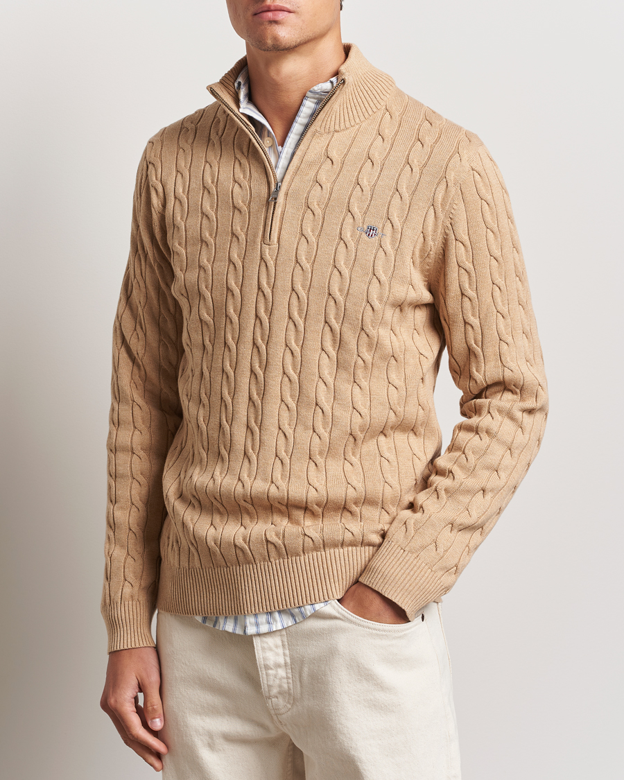 Herre | Trøjer | GANT | Cotton Cable Half Zip Khaki Melange
