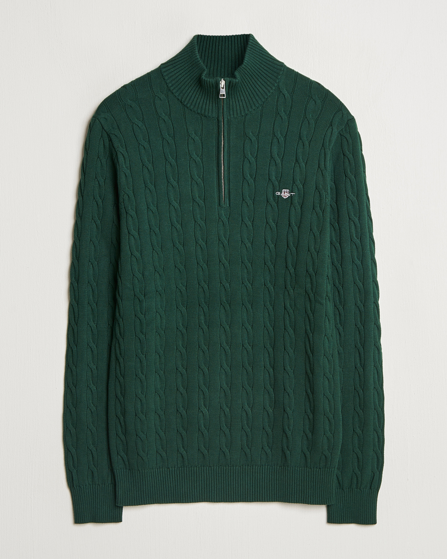 Herre | Trøjer | GANT | Cotton Cable Half Zip Tartan Green
