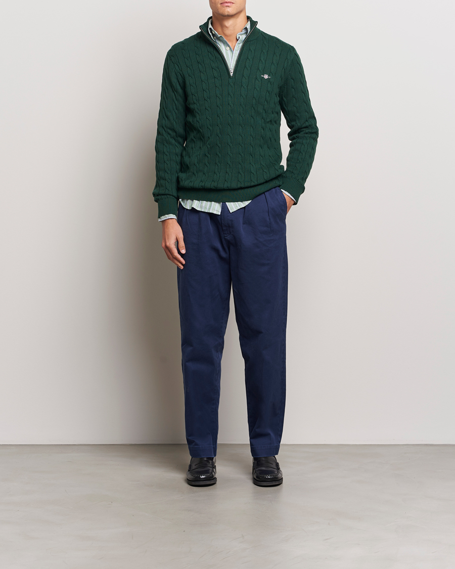 Herre | Trøjer | GANT | Cotton Cable Half Zip Tartan Green