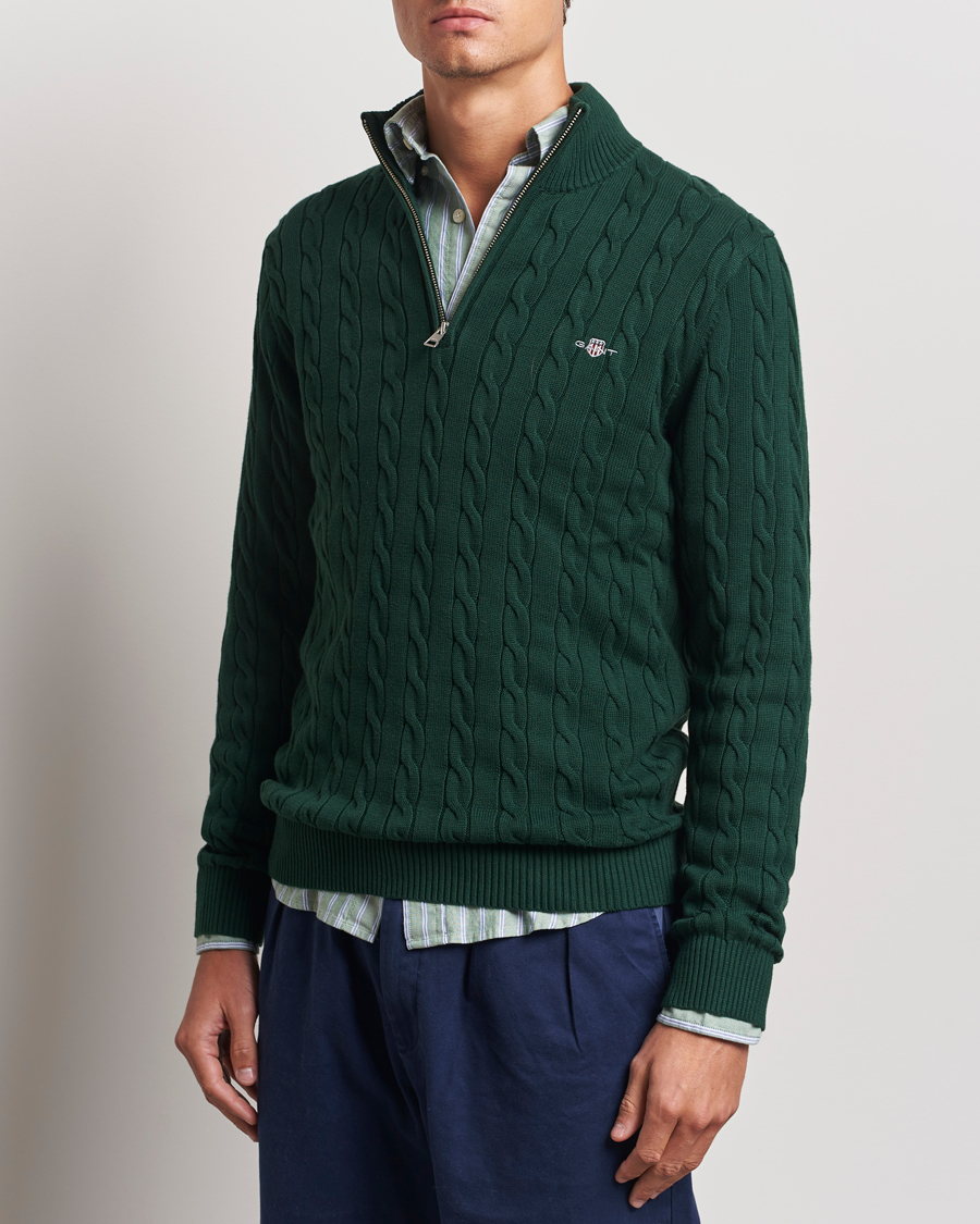 Herre | Trøjer | GANT | Cotton Cable Half Zip Tartan Green