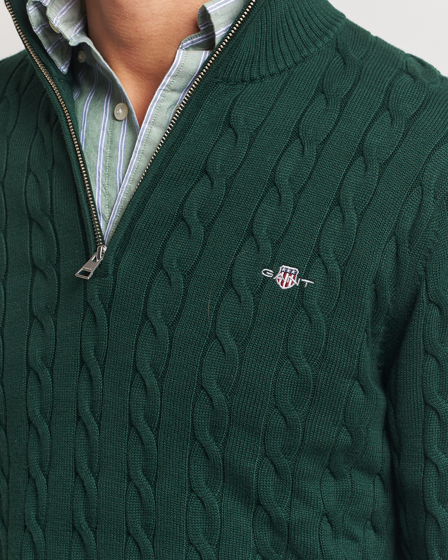 Herre | Trøjer | GANT | Cotton Cable Half Zip Tartan Green