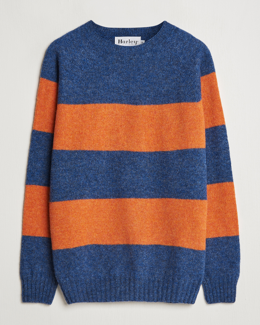 Herre | Trøjer | Harley Of Scotland | Block Stripe Lambswool Crewneck Blue/Orange