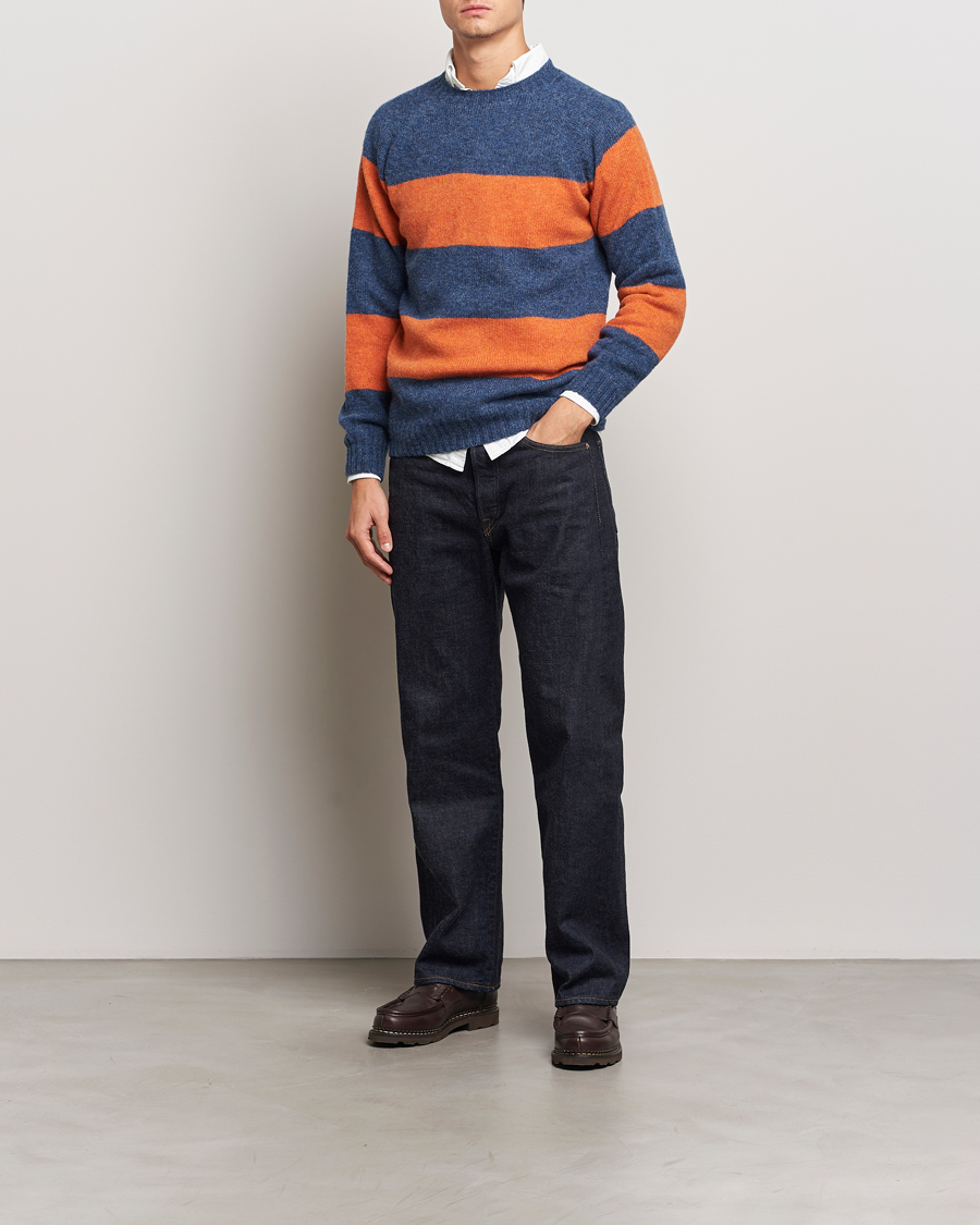 Herre | Trøjer | Harley Of Scotland | Block Stripe Lambswool Crewneck Blue/Orange
