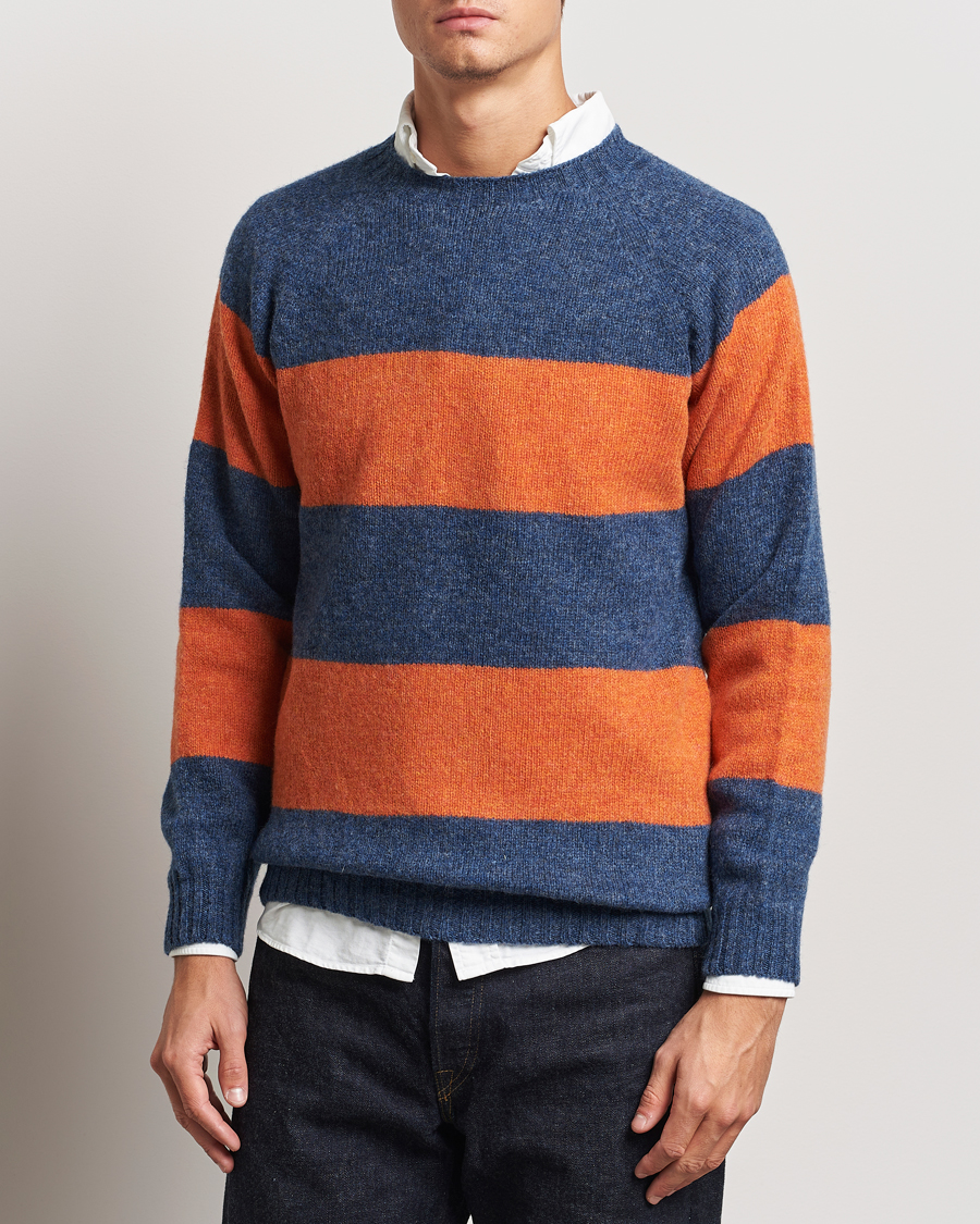 Herre | Trøjer | Harley Of Scotland | Block Stripe Lambswool Crewneck Blue/Orange