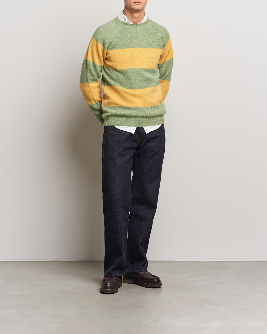 Herre | Trøjer | Harley Of Scotland | Block Stripe Lambswool Crewneck Yellow/Green