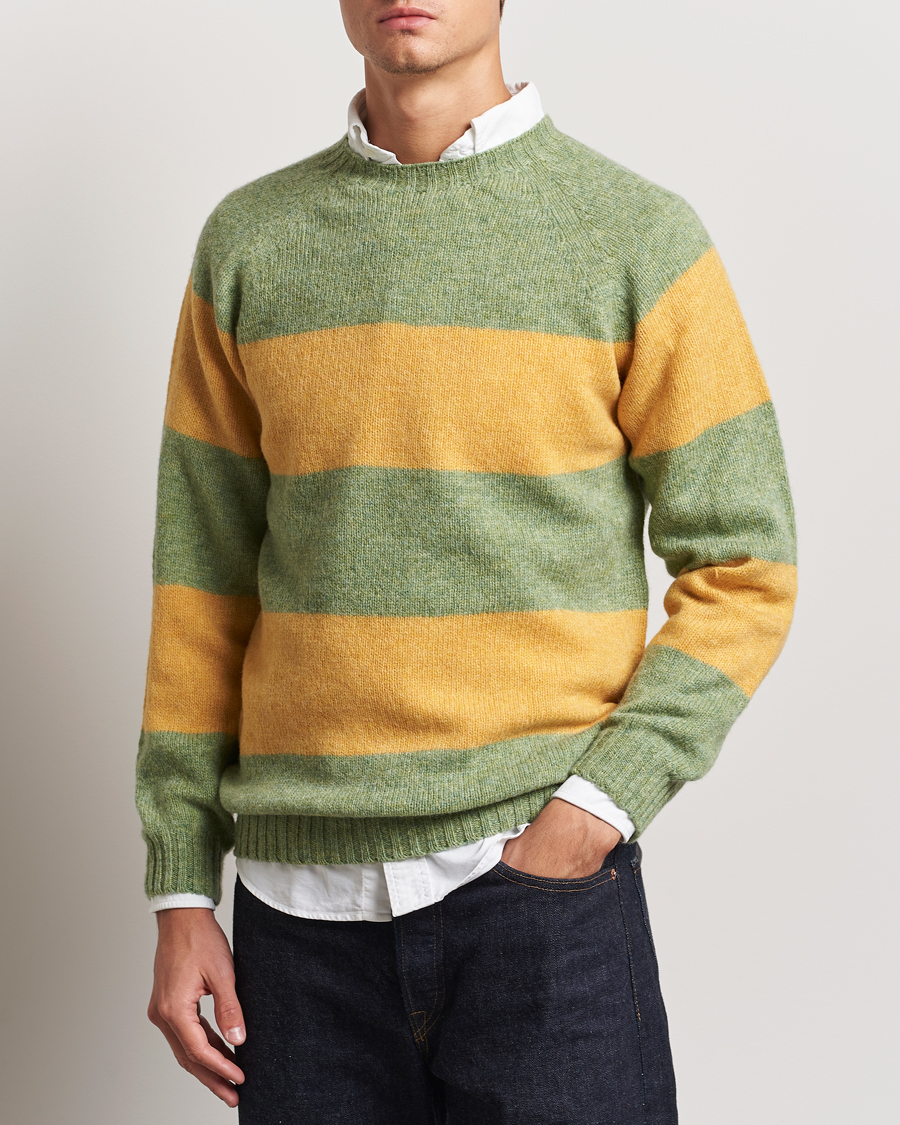 Herre | Trøjer | Harley Of Scotland | Block Stripe Lambswool Crewneck Yellow/Green