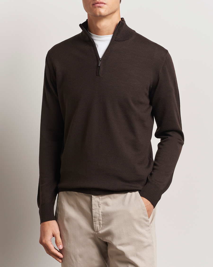 Herre | Trøjer | Morgano | Extra Fine Merino Wool Half-Zip Dark Brown