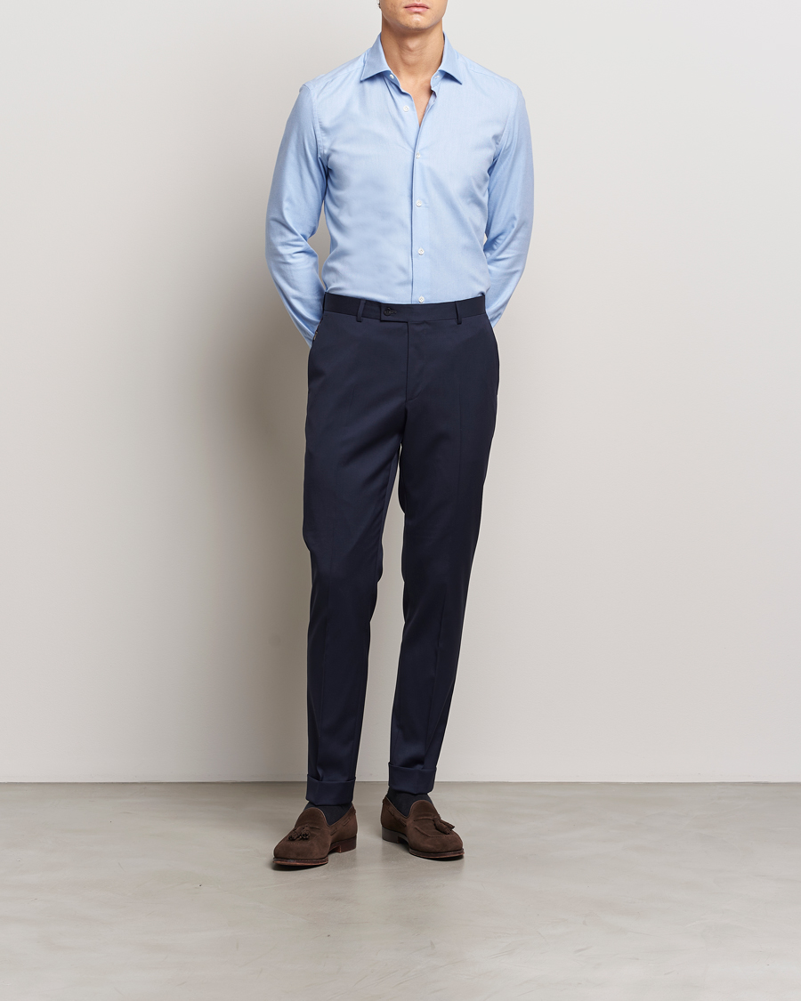 Herre | Skjorter | Mazzarelli | Soft Flannel Cut Away Shirt Light Blue