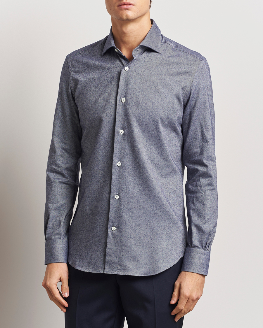 Herre | Skjorter | Mazzarelli | Soft Flannel Cut Away Shirt Dark Blue