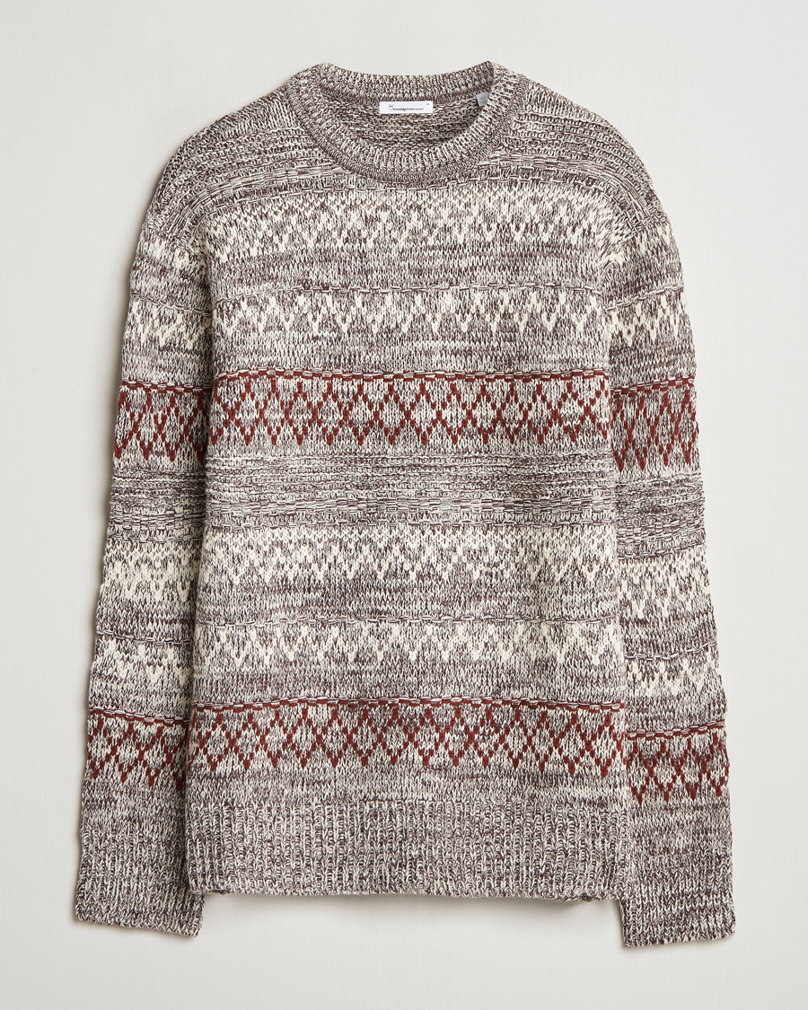 Herre | Trøjer | KnowledgeCotton Apparel | Knitted Pattern Lambswool Crewneck Brown