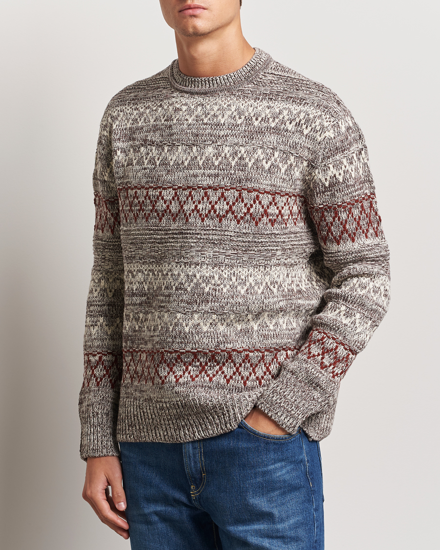 Herre | Trøjer | KnowledgeCotton Apparel | Knitted Pattern Lambswool Crewneck Brown