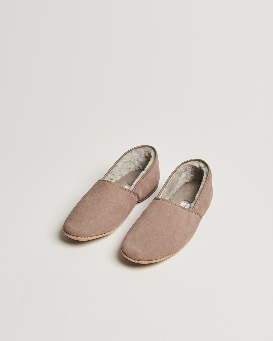 Herre | Derek Rose Crawford Sheepskin Suede Slippers Beige | Derek Rose | Crawford Sheepskin Suede Slippers Beige