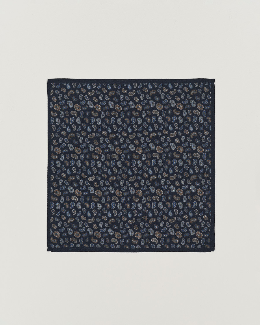 Herre | Amanda Christensen Wool Flannel Printed Paisley Pocket Square Navy | Amanda Christensen | Wool Flannel Printed Paisley Pocket Square Navy