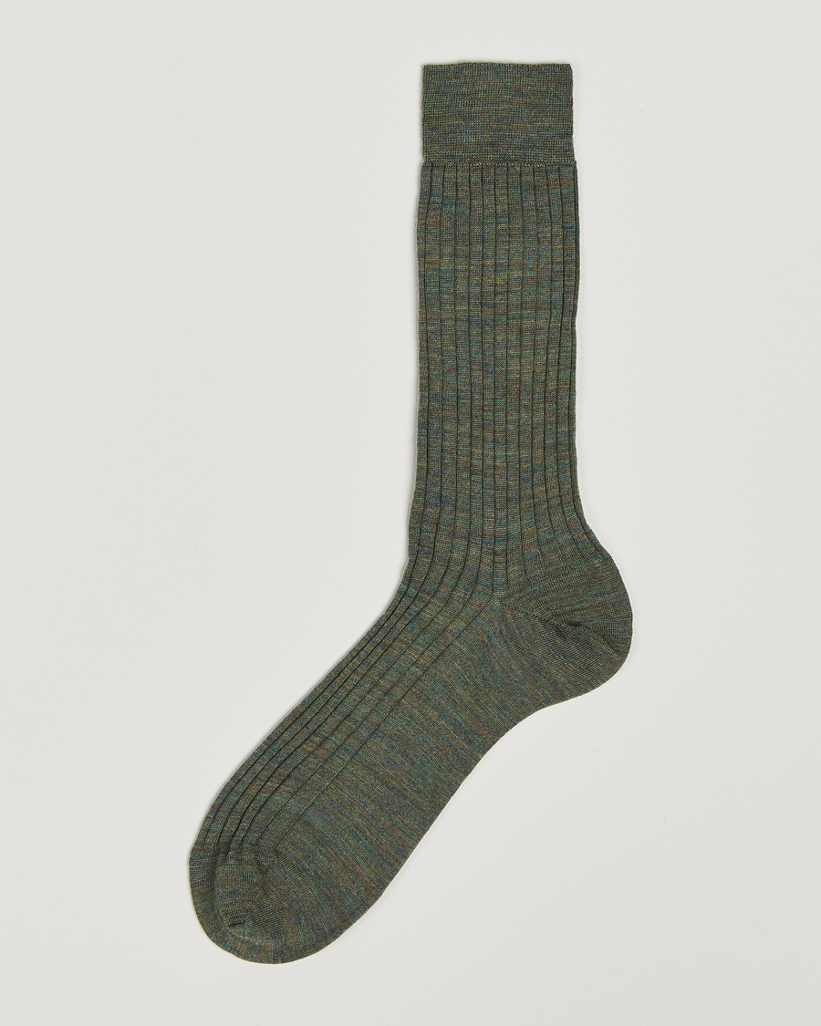 Herre | Undertøj | Bresciani | Wool/Nylon Ribbed Short Socks Green Melange
