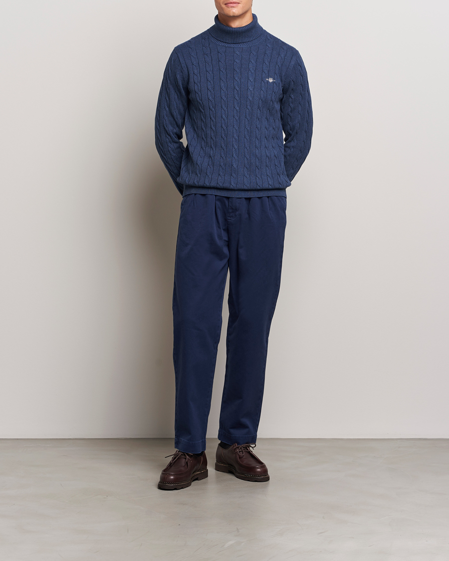 Herre | Trøjer | GANT | Cotton Cable Turtle Neck Dark Jeans Blue Melange